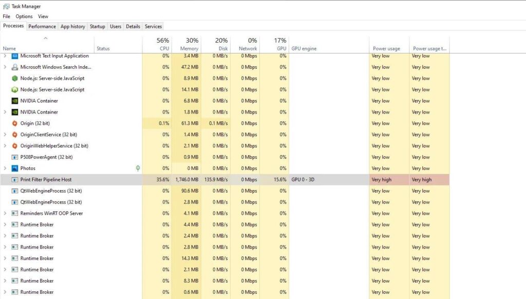 Print Filter Pipeline Host High CPU Windows 11